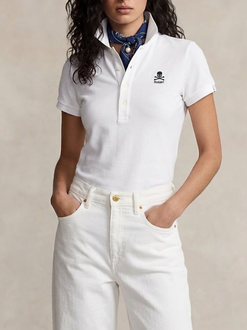 Vintage Ralph Lauren Rugby Skull & Crossbones Polo Shirt White Preppy Y2K Size M